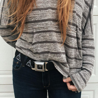 Harry Potter Logo Full Color Black/White Seatbelt Belt - Deathly Hallows Symbol Black/White Webbing - MEGA POP COMICS 