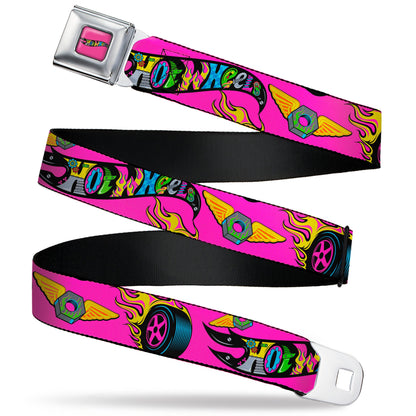 HOT WHEELS Classic Flame Logo Full Color Pink/Black/Multi Color Seatbelt Belt - HOT WHEELS Logo and Parts Collage Pink/Black/Multi Color Webbing - MEGA POP COMICS 