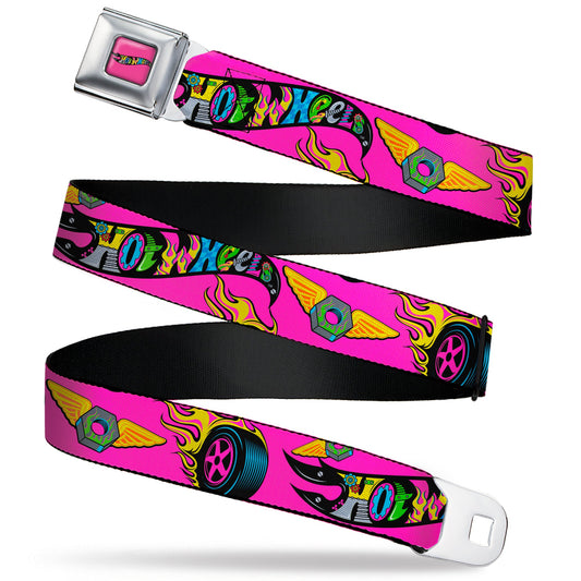 HOT WHEELS Classic Flame Logo Full Color Pink/Black/Multi Color Seatbelt Belt - HOT WHEELS Logo and Parts Collage Pink/Black/Multi Color Webbing - MEGA POP COMICS 