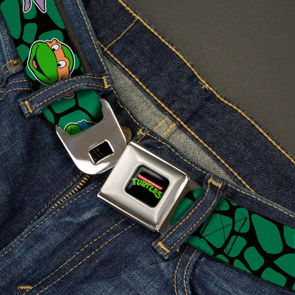 Classic TMNT Logo Full Color Seatbelt Belt - Classic TEENAGE MUTANT NINJA TURTLES Turtle Faces Black/Green Turtle Shell Webbing - MEGA POP COMICS 