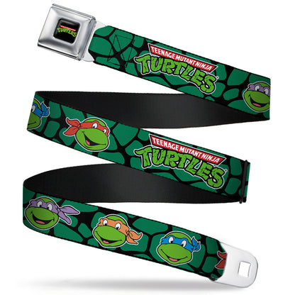 Classic TMNT Logo Full Color Seatbelt Belt - Classic TEENAGE MUTANT NINJA TURTLES Turtle Faces Black/Green Turtle Shell Webbing - MEGA POP COMICS 