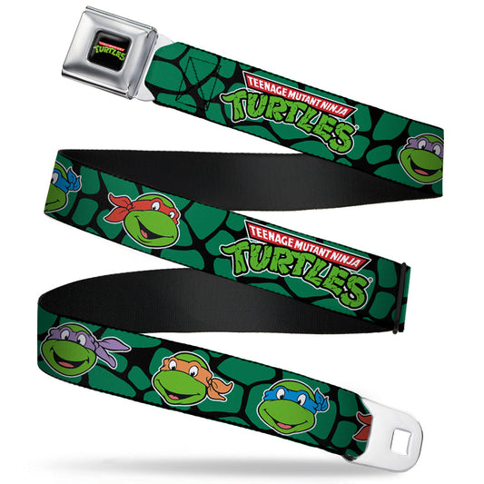 Classic TMNT Logo Full Color Seatbelt Belt - Classic TEENAGE MUTANT NINJA TURTLES Turtle Faces Black/Green Turtle Shell Webbing - MEGA POP COMICS 