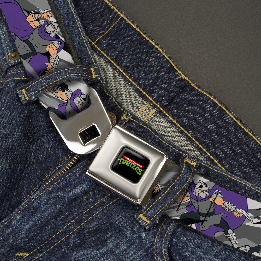 Classic TMNT Logo Full Color Seatbelt Belt - Teenage Mutant Ninja Turtles Shredder Action Poses Grays/Purple Webbing - MEGA POP COMICS 