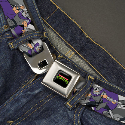Classic TMNT Logo Full Color Seatbelt Belt - Teenage Mutant Ninja Turtles Shredder Action Poses Grays/Purple Webbing - MEGA POP COMICS 