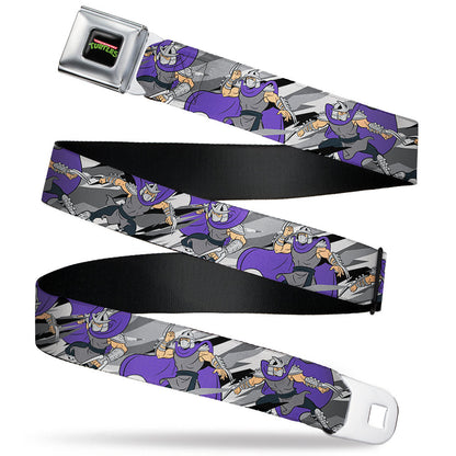 Classic TMNT Logo Full Color Seatbelt Belt - Teenage Mutant Ninja Turtles Shredder Action Poses Grays/Purple Webbing - MEGA POP COMICS 