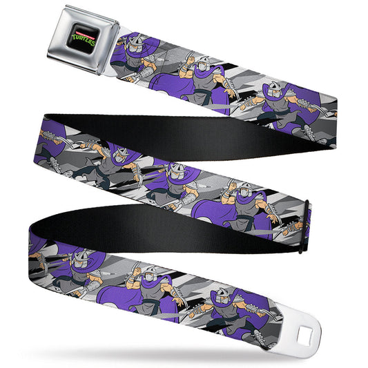 Classic TMNT Logo Full Color Seatbelt Belt - Teenage Mutant Ninja Turtles Shredder Action Poses Grays/Purple Webbing - MEGA POP COMICS 
