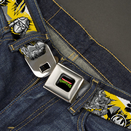 Classic TMNT Logo Full Color Seatbelt Belt - Teenage Mutant Ninja Turtles Shredder Pose and Icons Grays/Yellow Webbing - MEGA POP COMICS 