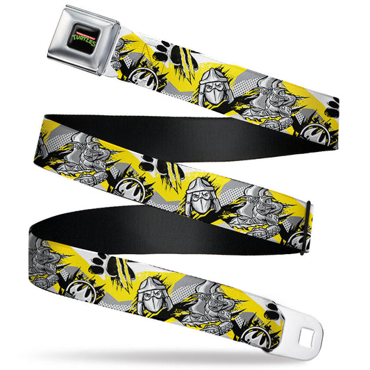 Classic TMNT Logo Full Color Seatbelt Belt - Teenage Mutant Ninja Turtles Shredder Pose and Icons Grays/Yellow Webbing - MEGA POP COMICS 