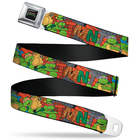 TEENAGE MUTANT NINJA TURTLES Logo Full Color Black Seatbelt Belt - Ninja Turtles TMNT Icons Logo and Group Pose Webbing - MEGA POP COMICS 