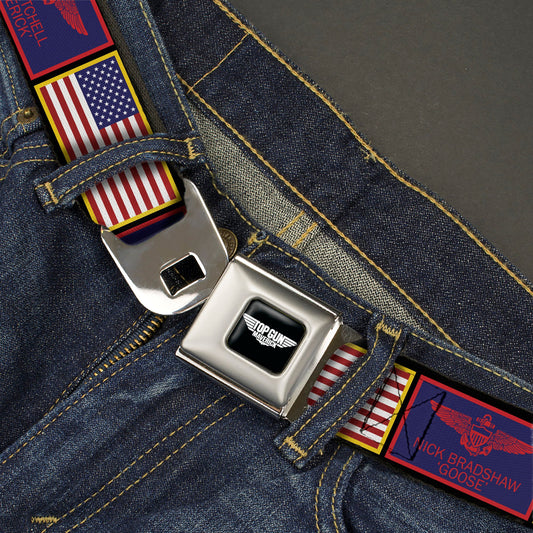 TOP GUN Title Logo Full Color Black/White Seatbelt Belt - Top Gun Maverick Goose and American Flag Patch Blocks Black Webbing - MEGA POP COMICS 