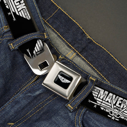 TOP GUN Title Logo Full Color Black/White Seatbelt Belt - TOP GUN MAVERICK Fighter Jet Logo Weathered Black/White Webbing - MEGA POP COMICS 