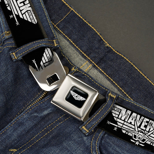 TOP GUN Title Logo Full Color Black/White Seatbelt Belt - TOP GUN MAVERICK Fighter Jet Logo Weathered Black/White Webbing - MEGA POP COMICS 