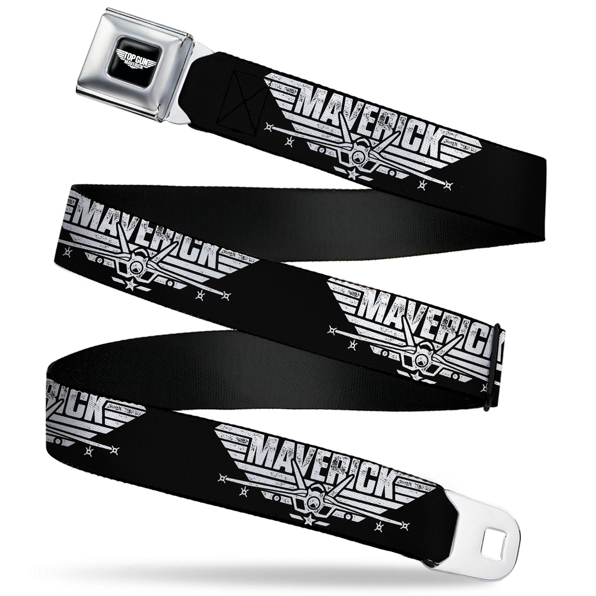TOP GUN Title Logo Full Color Black/White Seatbelt Belt - TOP GUN MAVERICK Fighter Jet Logo Weathered Black/White Webbing - MEGA POP COMICS 