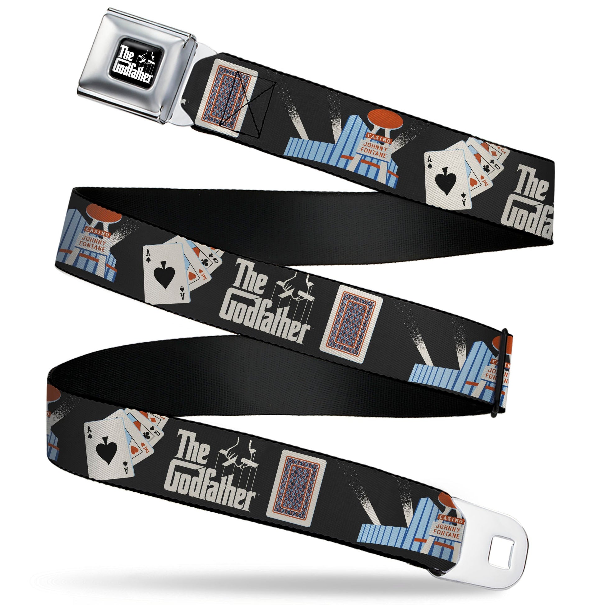 THE GODFATHER Title Logo Full Color Black/White Seatbelt Belt - THE GODFATHER Title Logo and Casino Icons Black Webbing - MEGA POP COMICS 