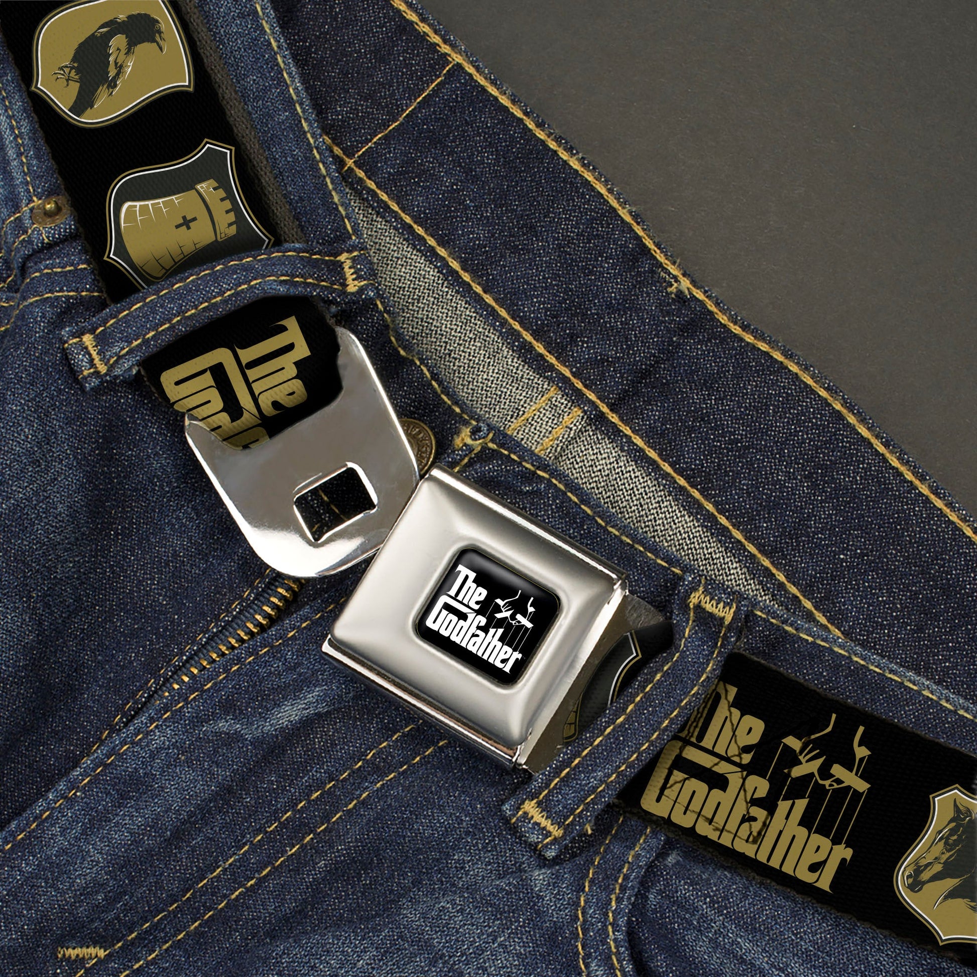 THE GODFATHER Title Logo Full Color Black/White Seatbelt Belt - THE GODFATHER Title Logo and Crest Icons Black/Gold Webbing - MEGA POP COMICS 