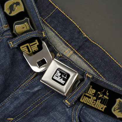 THE GODFATHER Title Logo Full Color Black/White Seatbelt Belt - THE GODFATHER Title Logo and Crest Icons Black/Gold Webbing - MEGA POP COMICS 