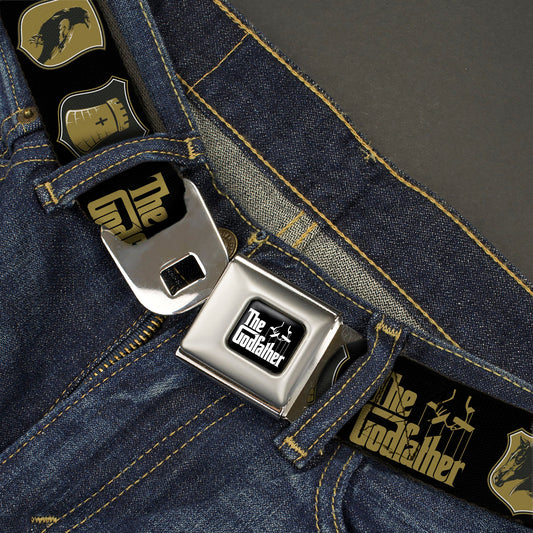 THE GODFATHER Title Logo Full Color Black/White Seatbelt Belt - THE GODFATHER Title Logo and Crest Icons Black/Gold Webbing - MEGA POP COMICS 