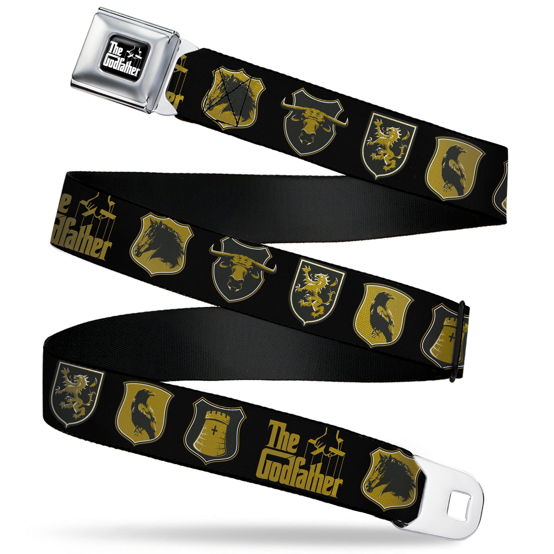 THE GODFATHER Title Logo Full Color Black/White Seatbelt Belt - THE GODFATHER Title Logo and Crest Icons Black/Gold Webbing - MEGA POP COMICS 