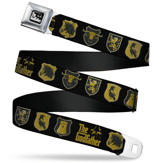 THE GODFATHER Title Logo Full Color Black/White Seatbelt Belt - THE GODFATHER Title Logo and Crest Icons Black/Gold Webbing - MEGA POP COMICS 