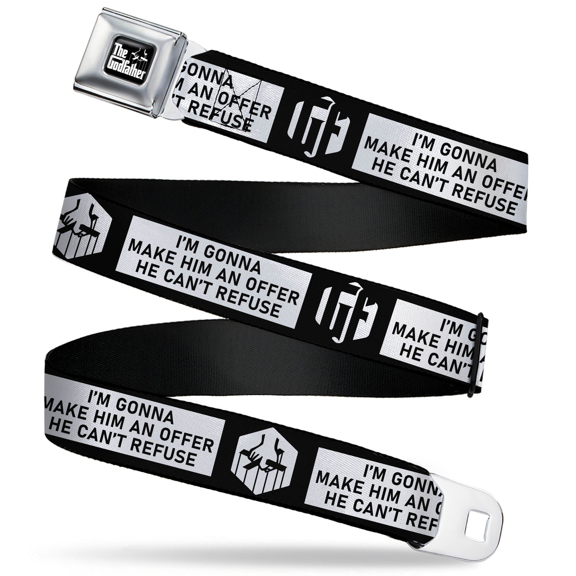 THE GODFATHER Title Logo Full Color Black/White Seatbelt Belt - The Godfather Quote I'M GONNA MAKE HIM AN OFFER HE CAN'T REFUSE Black/White Webbing - MEGA POP COMICS 