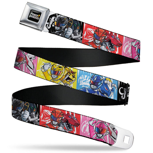 POWER RANGERS Bolt Logo Full Color Black/Gray/Yellows Seatbelt Belt - Power Rangers Pose with Zord and Icon Blocks Multi Color Webbing - MEGA POP COMICS 