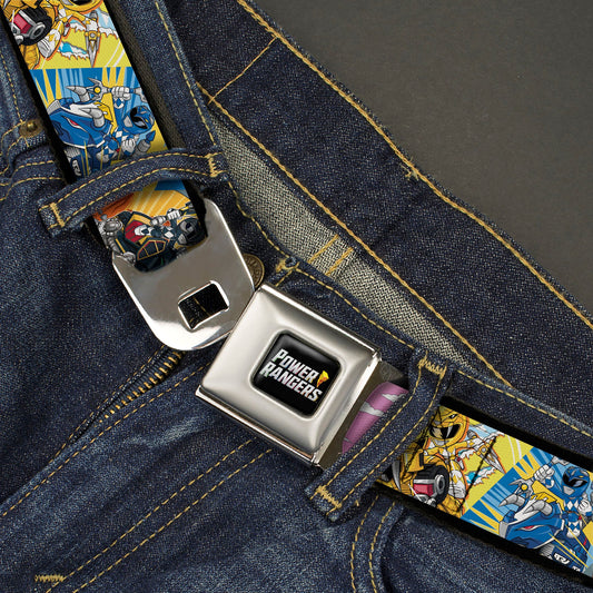 POWER RANGERS Bolt Logo Full Color Black/Gray/Yellows Seatbelt Belt - Power Rangers and Zord Action Pose Blocks Webbing - MEGA POP COMICS 