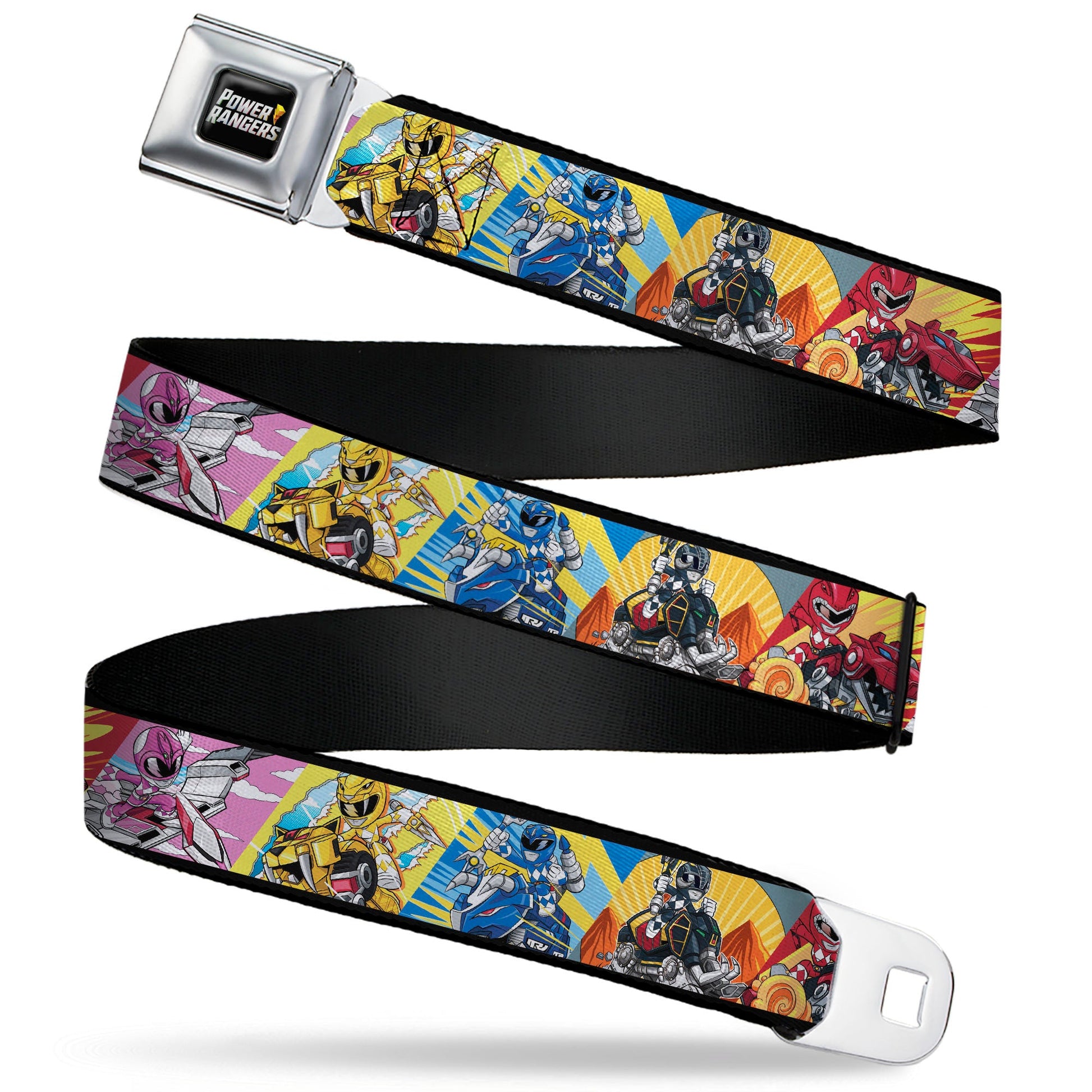 POWER RANGERS Bolt Logo Full Color Black/Gray/Yellows Seatbelt Belt - Power Rangers and Zord Action Pose Blocks Webbing - MEGA POP COMICS 