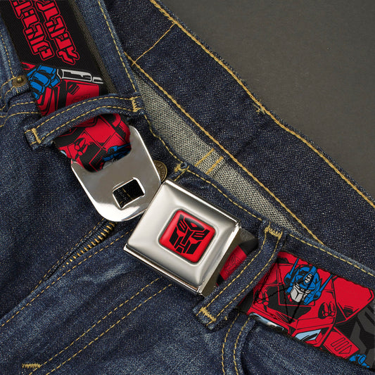 Transformers Autobots Icon Full Color Red/Black Seatbelt Belt - Transformers Generations Optimus Prime Pose and Autobot Icon Black/Gray/Red Webbing - MEGA POP COMICS 