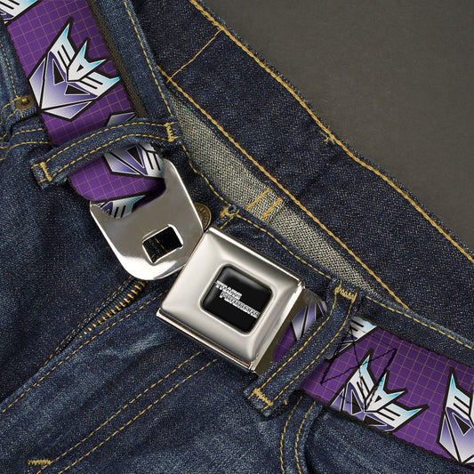 TRANSFORMERS Title Logo Full Color Black/White Seatbelt Belt - Transformers Decepticons Icon Scattered Grids Purples Webbing - MEGA POP COMICS 