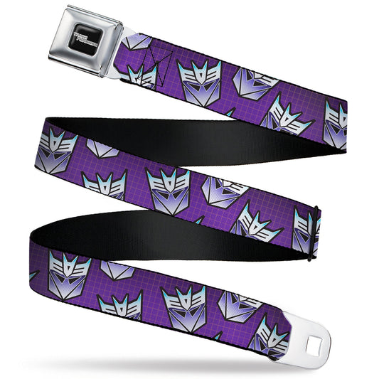 TRANSFORMERS Title Logo Full Color Black/White Seatbelt Belt - Transformers Decepticons Icon Scattered Grids Purples Webbing - MEGA POP COMICS 