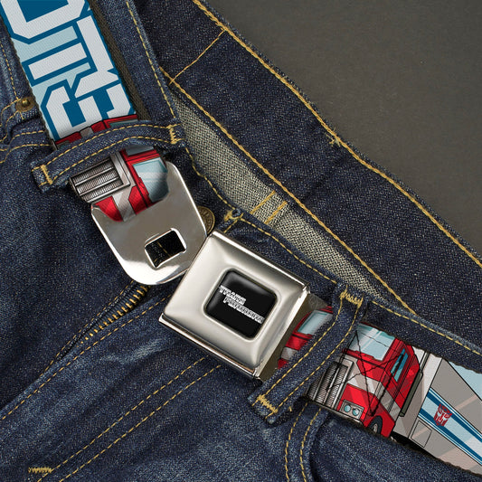 TRANSFORMERS Title Logo Full Color Black/White Seatbelt Belt - Transformers AUTOBOTS Optimus Prime Semi Truck Collage Light Blue Webbing - MEGA POP COMICS 