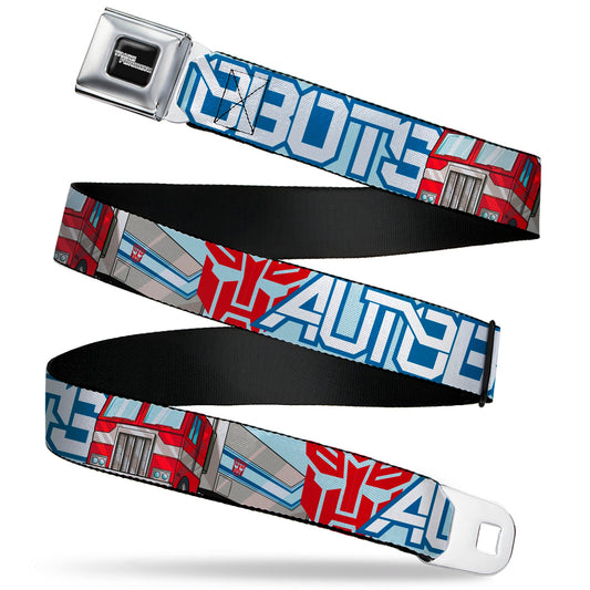 TRANSFORMERS Title Logo Full Color Black/White Seatbelt Belt - Transformers AUTOBOTS Optimus Prime Semi Truck Collage Light Blue Webbing - MEGA POP COMICS 