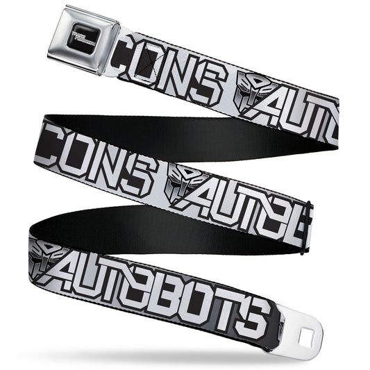 TRANSFORMERS Title Logo Full Color Black/White Seatbelt Belt - Transformers AUTOBOTS DECEPTICONS Shield and Text Grays/Black/White Webbing - MEGA POP COMICS 
