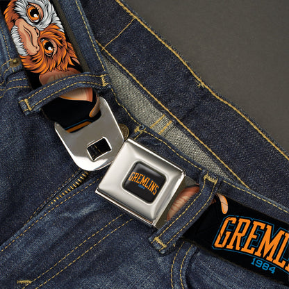 GREMLINS 1984 Title Logo Full Color Black/Blue/Orange Seatbelt Belt - GREMLINS 1984 Gizmo Face Close-Up Black Webbing - MEGA POP COMICS 