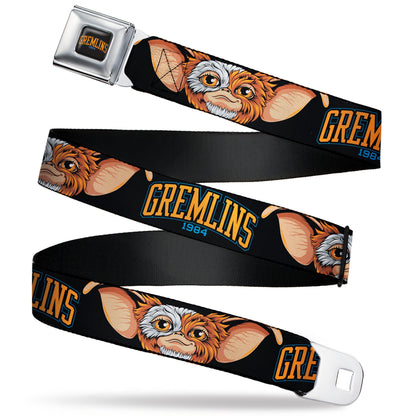 GREMLINS 1984 Title Logo Full Color Black/Blue/Orange Seatbelt Belt - GREMLINS 1984 Gizmo Face Close-Up Black Webbing - MEGA POP COMICS 