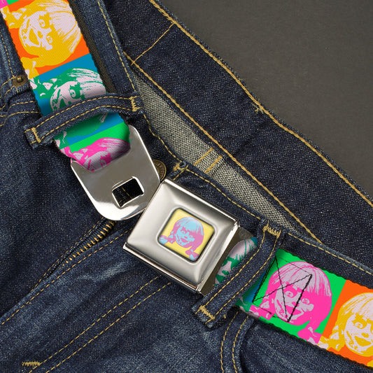 Annabelle Pop Art Face Full Color Yellow/Pink/Blue Seatbelt Belt - Annabelle Doll Face Pop Art Color Block Multi Color Webbing - MEGA POP COMICS 