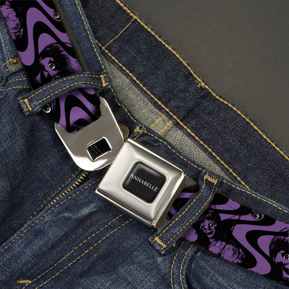 ANNABELLE Title Logo Full Color Black/White Seatbelt Belt - Annabelle Face and Eyeballs Squiggle Black/Purple Webbing - MEGA POP COMICS 
