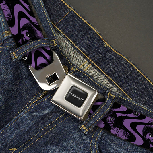 ANNABELLE Title Logo Full Color Black/White Seatbelt Belt - Annabelle Face and Eyeballs Squiggle Black/Purple Webbing - MEGA POP COMICS 
