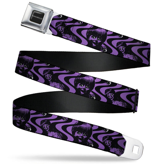 ANNABELLE Title Logo Full Color Black/White Seatbelt Belt - Annabelle Face and Eyeballs Squiggle Black/Purple Webbing - MEGA POP COMICS 