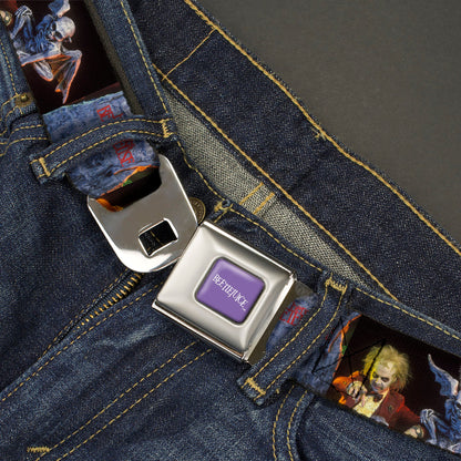 BEETLEJUICE Text Logo Full Color Purple/White Seatbelt Belt - Beetlejuice Graveyard Gargoyle Pose Black Webbing - MEGA POP COMICS 