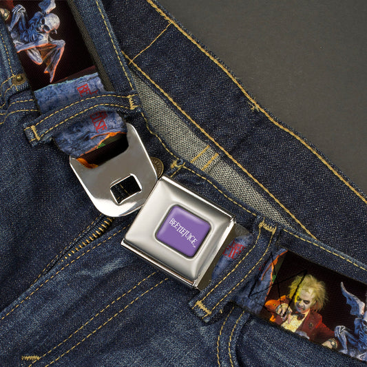 BEETLEJUICE Text Logo Full Color Purple/White Seatbelt Belt - Beetlejuice Graveyard Gargoyle Pose Black Webbing - MEGA POP COMICS 
