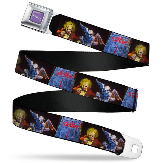 BEETLEJUICE Text Logo Full Color Purple/White Seatbelt Belt - Beetlejuice Graveyard Gargoyle Pose Black Webbing - MEGA POP COMICS 