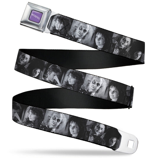 BEETLEJUICE Text Logo Full Color Purple/White Seatbelt Belt - Beetlejuice Character Face Blocks Black/White Webbing - MEGA POP COMICS 