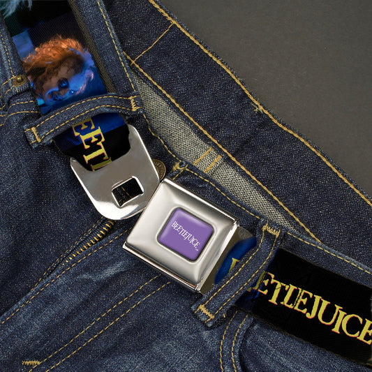 BEETLEJUICE Text Logo Full Color Purple/White Seatbelt Belt - BEETLEJUICE Title Logo and Expressions Black Webbing - MEGA POP COMICS 