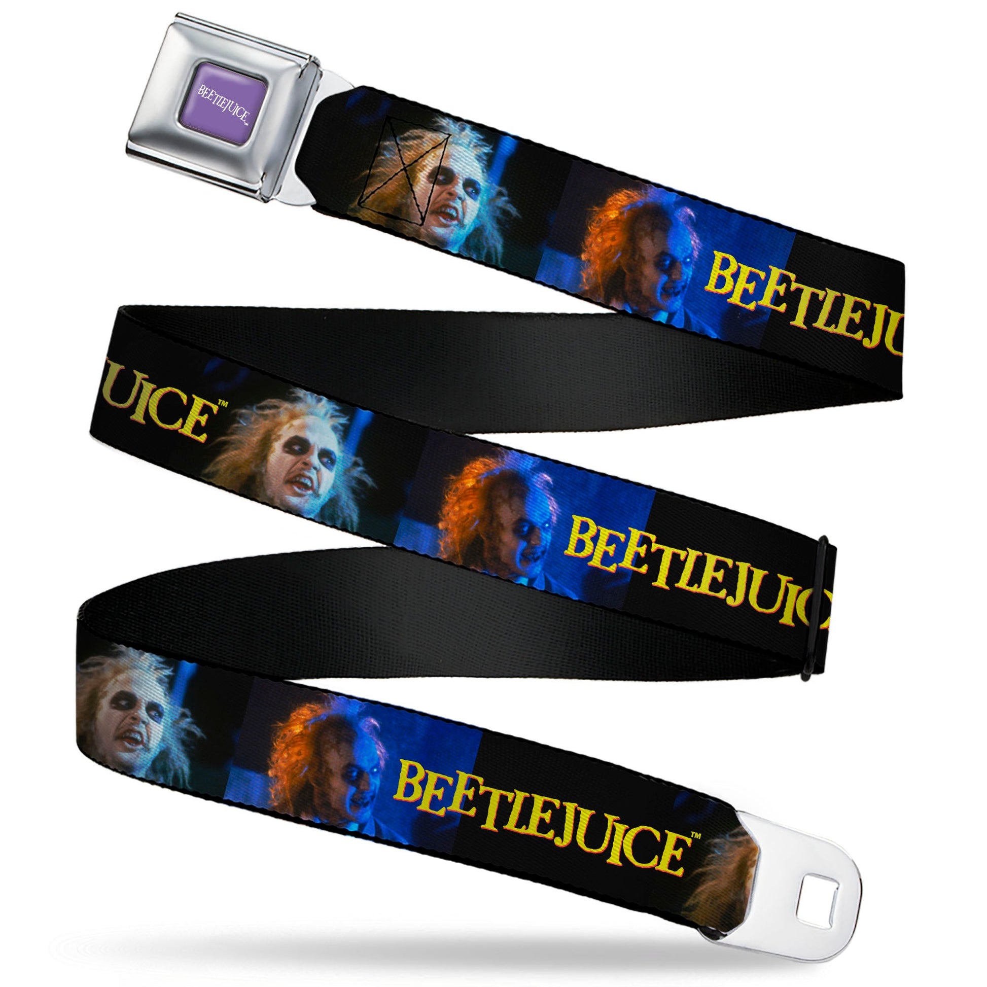 BEETLEJUICE Text Logo Full Color Purple/White Seatbelt Belt - BEETLEJUICE Title Logo and Expressions Black Webbing - MEGA POP COMICS 