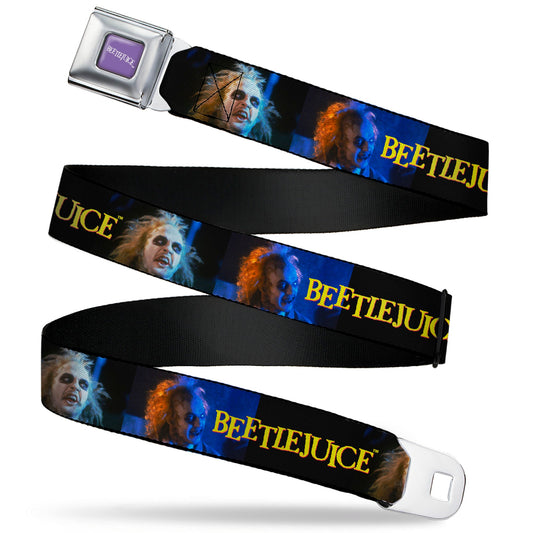 BEETLEJUICE Text Logo Full Color Purple/White Seatbelt Belt - BEETLEJUICE Title Logo and Expressions Black Webbing - MEGA POP COMICS 