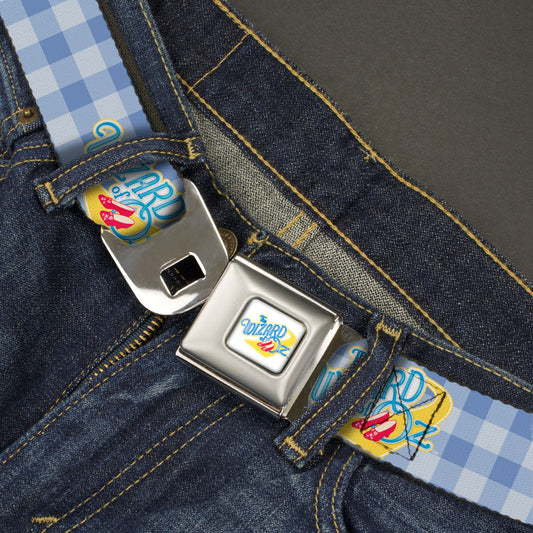 THE WIZARD OF OZ Logo Full Color White Seatbelt Belt - THE WIZARD OF OZ Logo Gingham Checker Blues Webbing - MEGA POP COMICS 