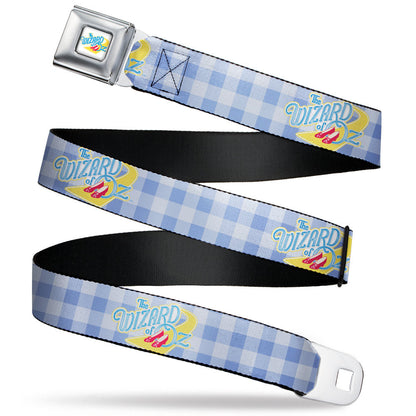 THE WIZARD OF OZ Logo Full Color White Seatbelt Belt - THE WIZARD OF OZ Logo Gingham Checker Blues Webbing - MEGA POP COMICS 