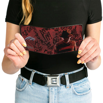 Bi-Fold Wallet - Freddy Pose2 + Hand Scratching Quote Scrawls Reds Black - MEGA POP COMICS 