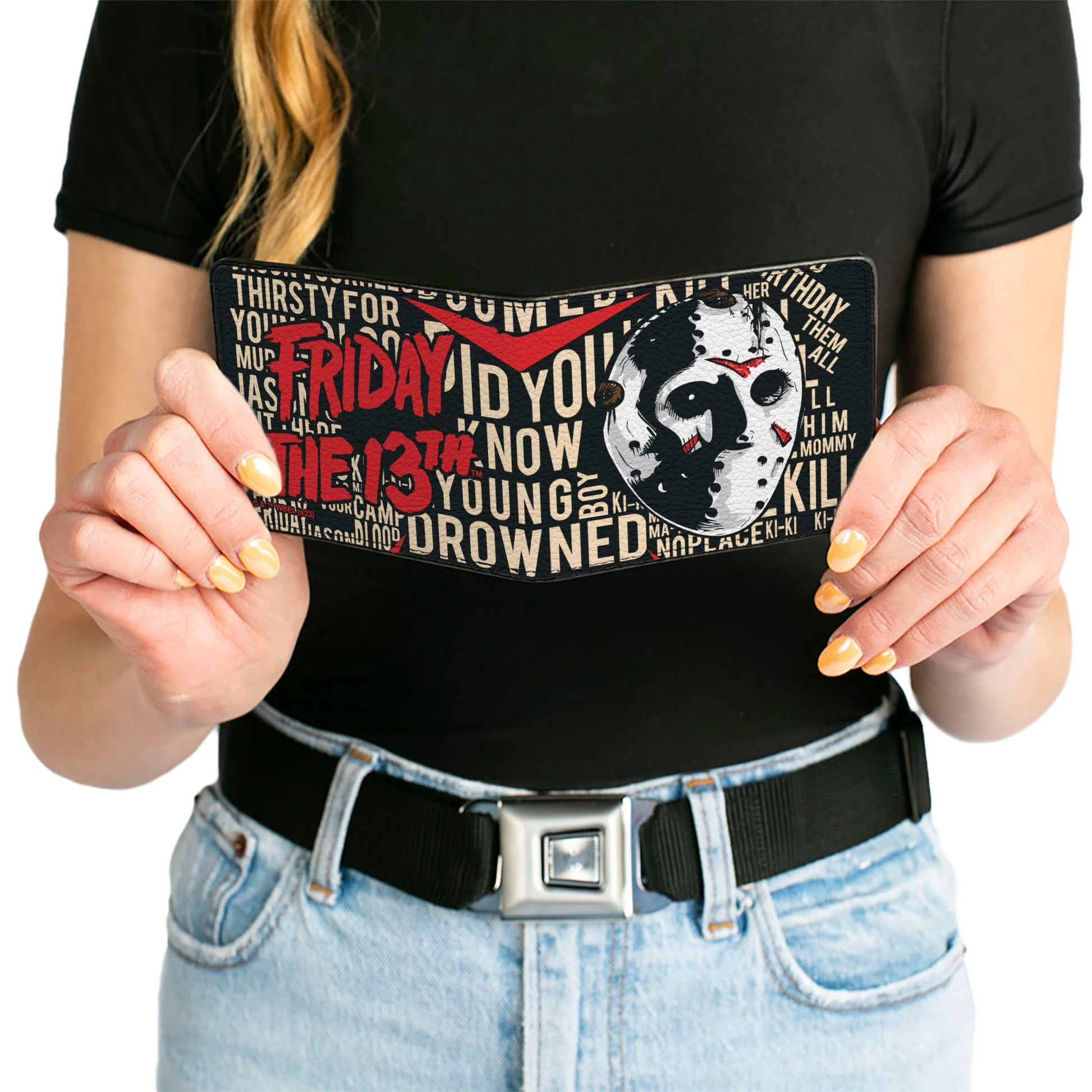 Bi-Fold Wallet - FRIDAY THE 13th Jason Mask4 and Title Logo with Quotes Typography Black - MEGA POP COMICS 